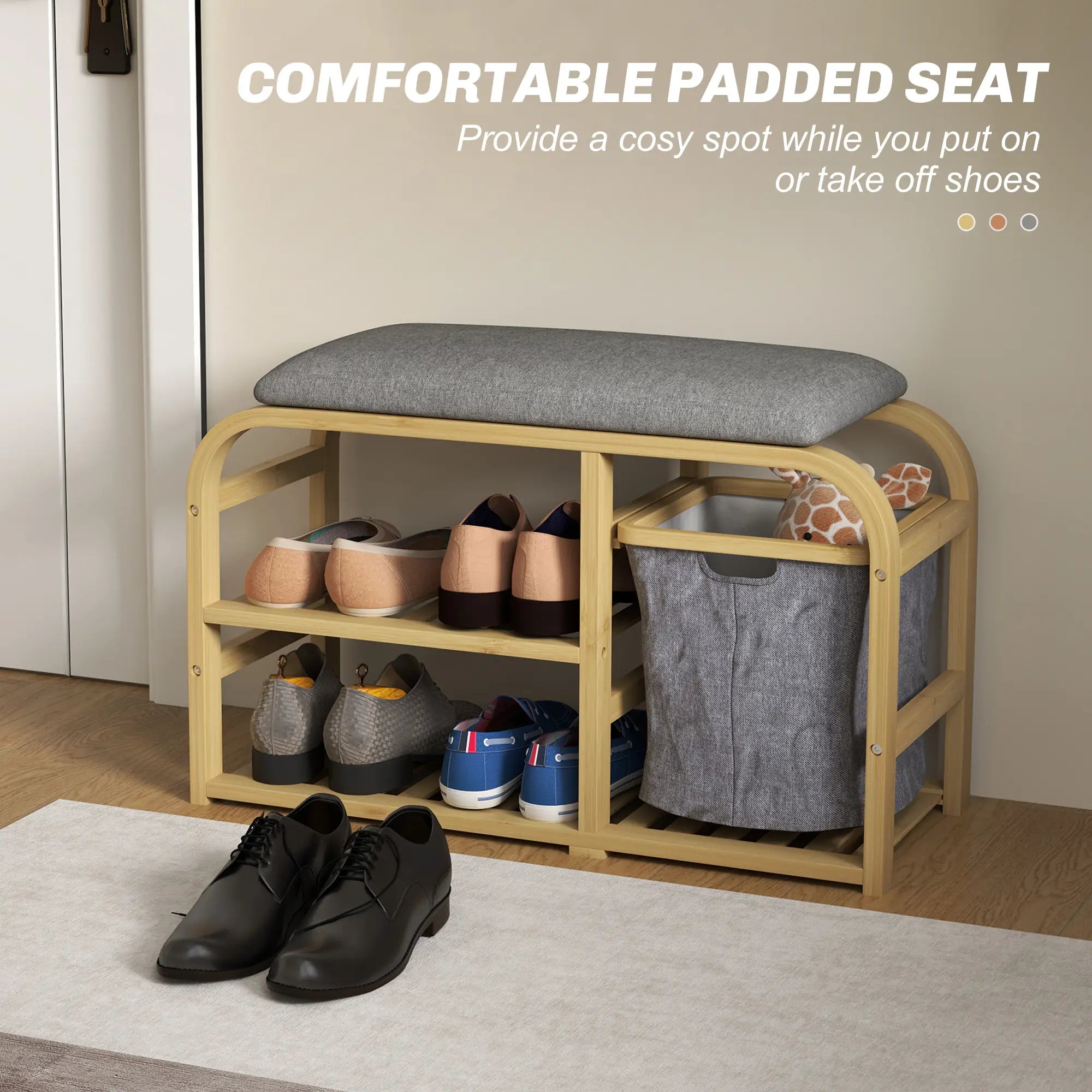 Bamboo Entryway Bench, Shoe Storage with Cushion, Slat Shelves, Pull-Out Basket Storage Ottomans & Benches at Gallery Canada