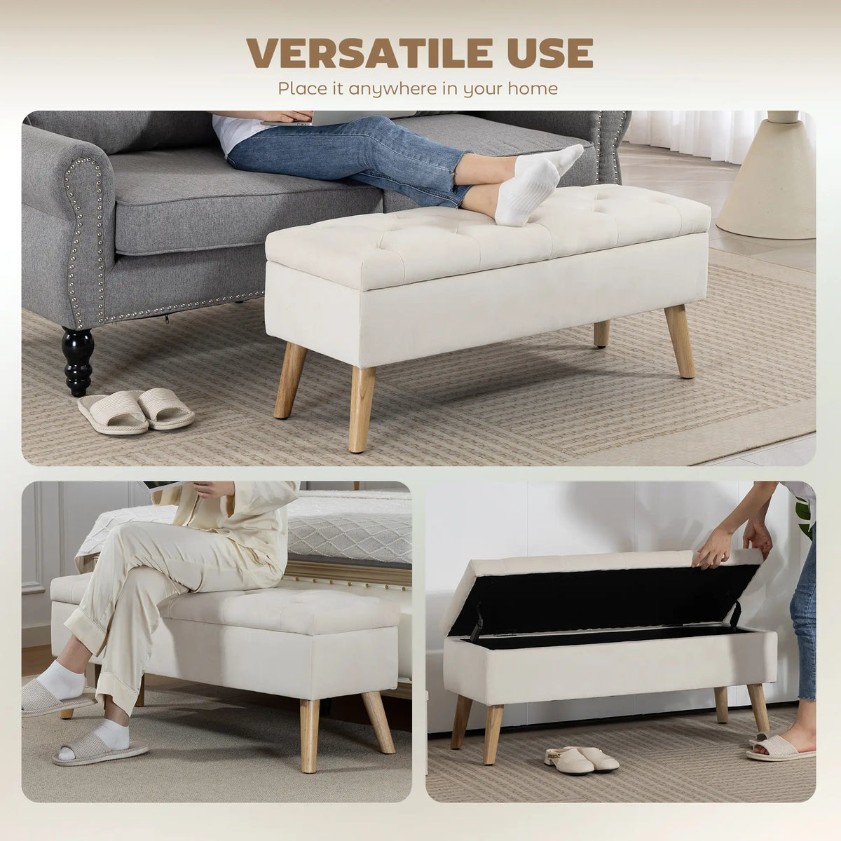 Storage Ottoman With Lid, Velvet Bench, Cream White Storage Ottomans & Benches at Gallery Canada