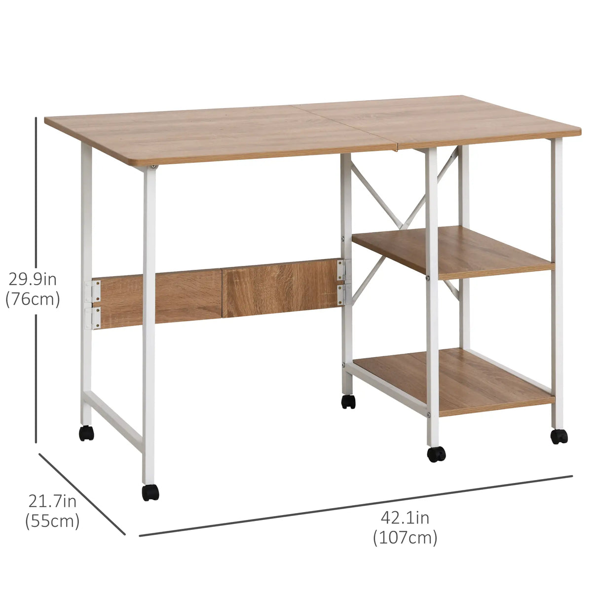 Folding Computer Desk With Storage Shelves, 6 Wheels, Natural Writing Desks at Gallery Canada