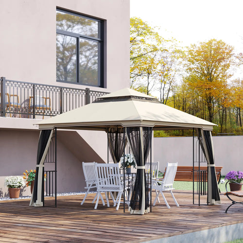 10'x10' Soft-Top Gazebo, Double Tier Roof, Mesh Curtains, Beige