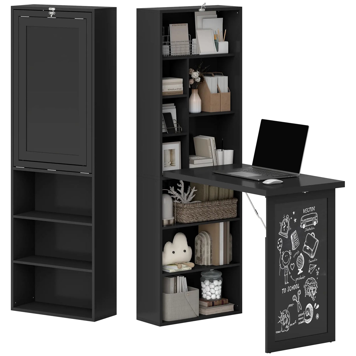 Fold-Out Convertible Office Desk, Wall Mount Computer Desk, Blackboard, Side Shelf, Black Computer Desks Black at Gallery Canada