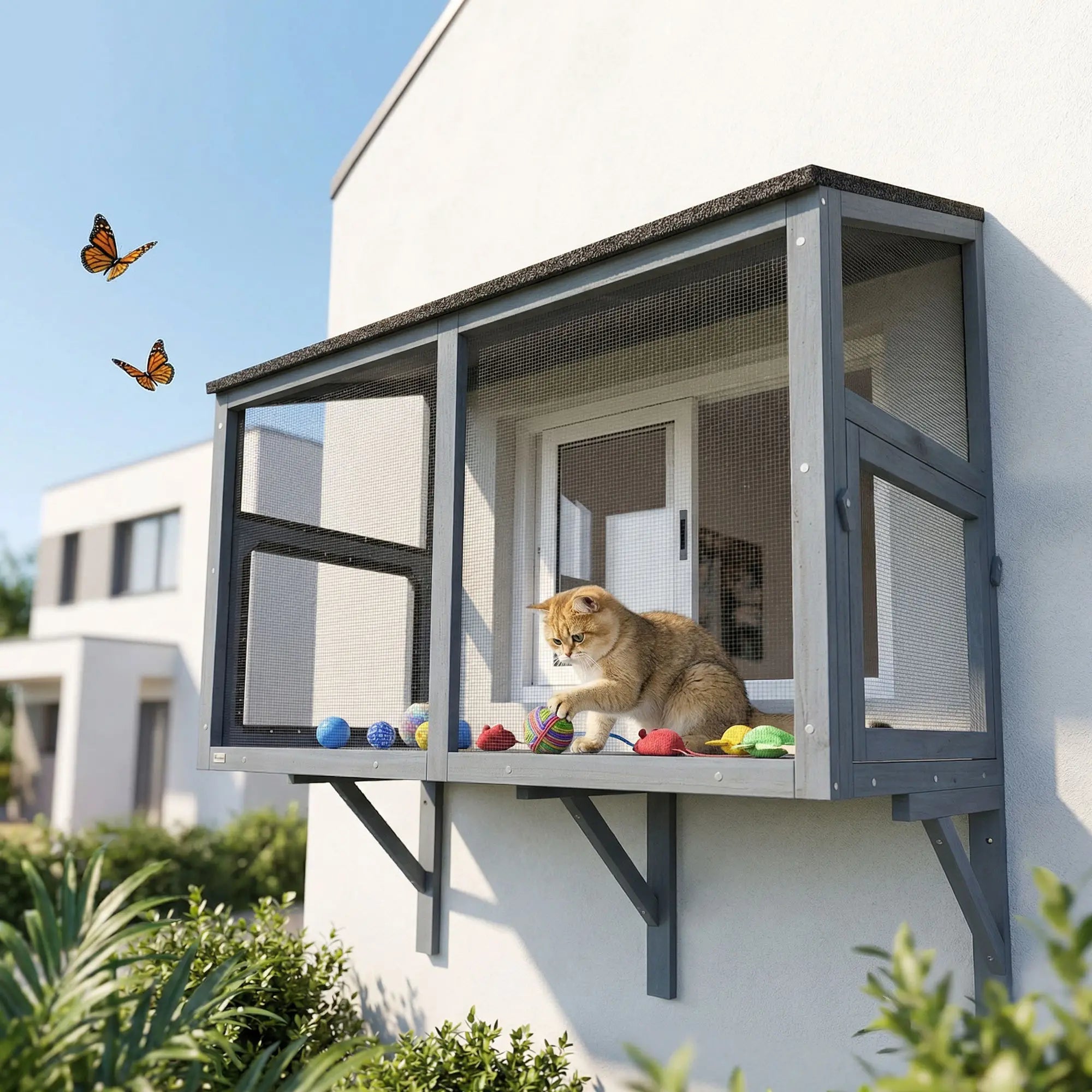 Outdoor Cat Enclosure, Expandable Wooden Cat House, 39.4