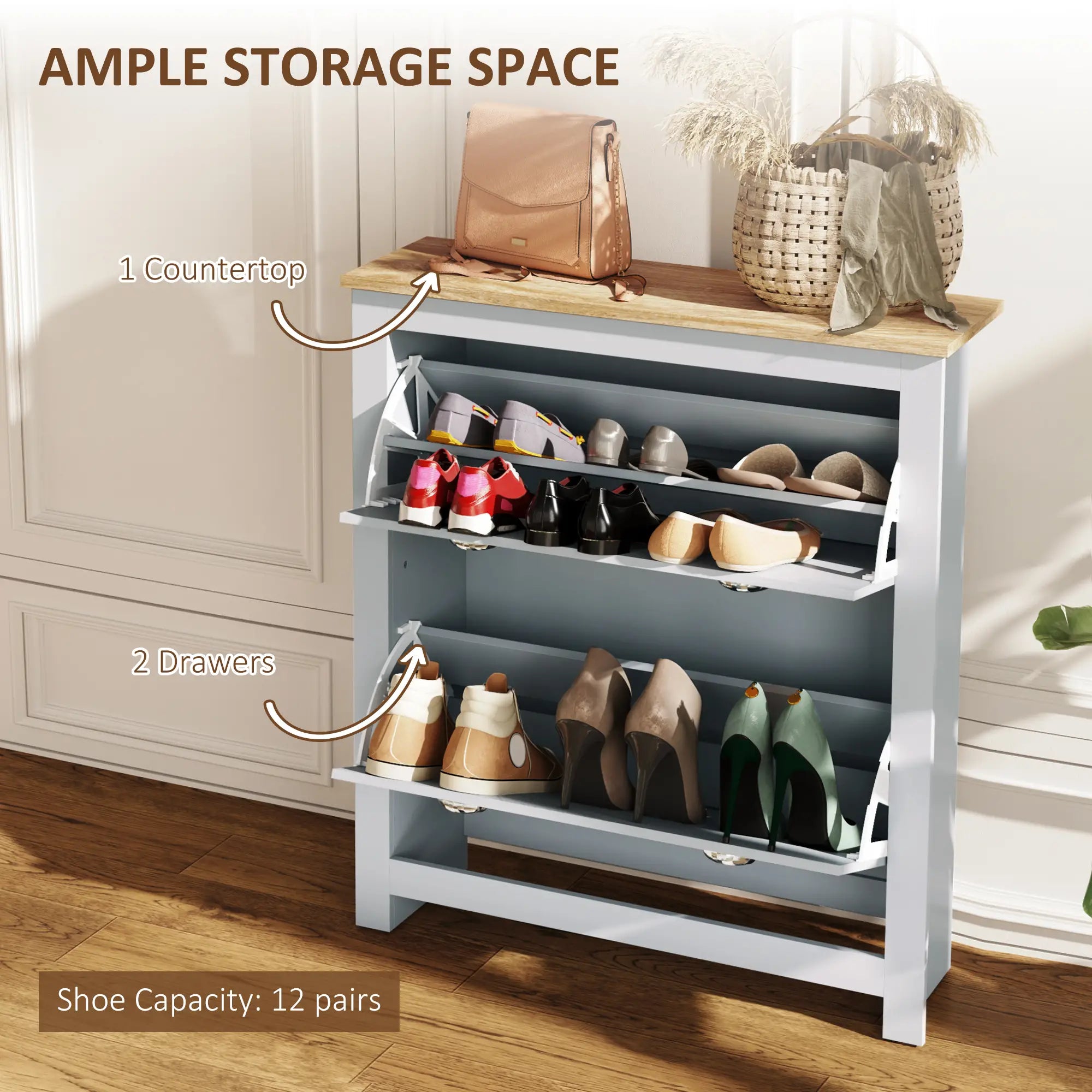 Shoe Cabinet, 2 Flip Drawers, Adjustable Shelves, 12 Pair, Grey Shoe Storage Cabinets & Racks at Gallery Canada