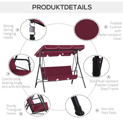 3-Seater Patio Swing Chair with Canopy, Garden Poolside, Wine Red Patio Swings with Stand at Gallery Canada