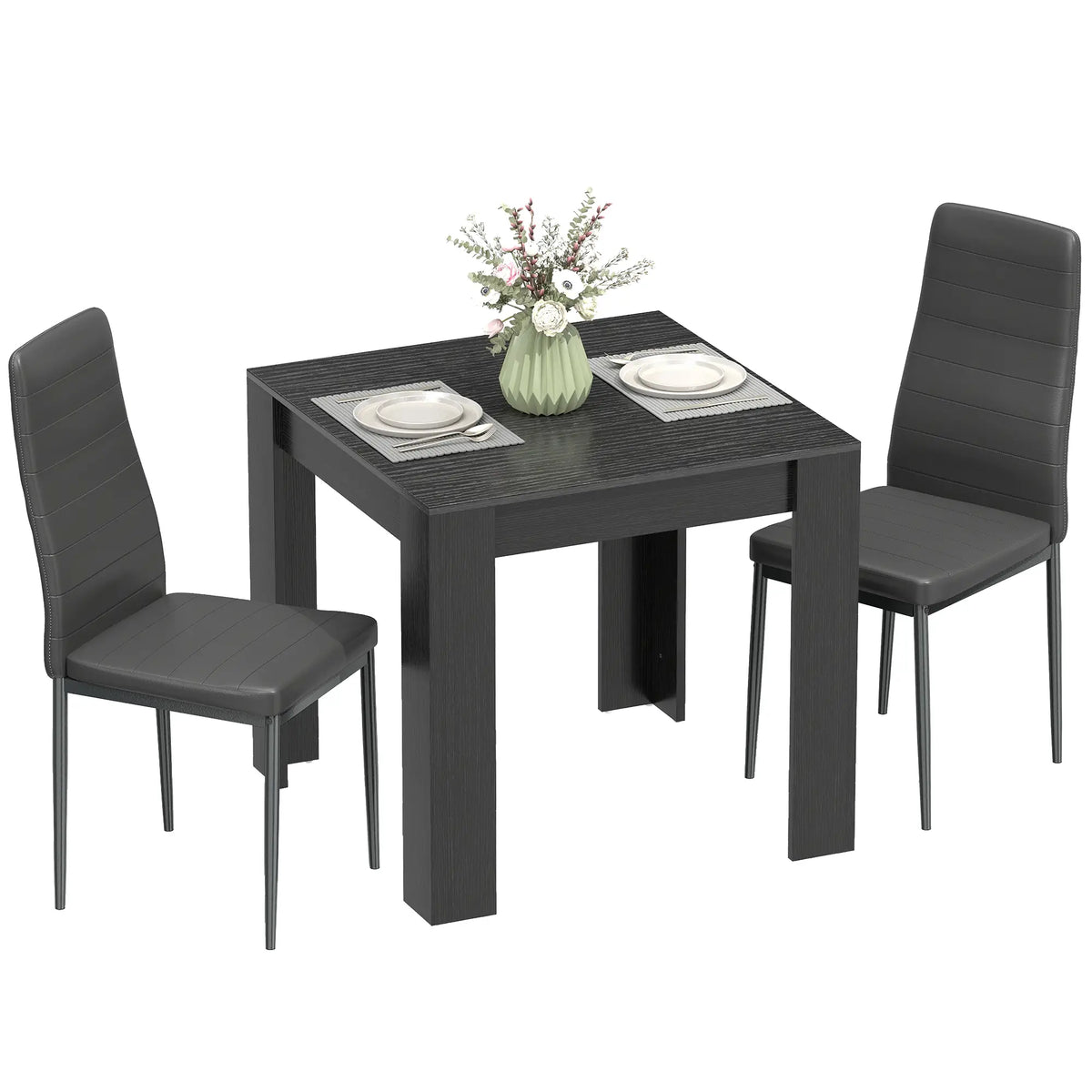 Square Dining Table Set For 2, PU Leather Upholstered Chairs, Black Dining Table Sets Black at Gallery Canada