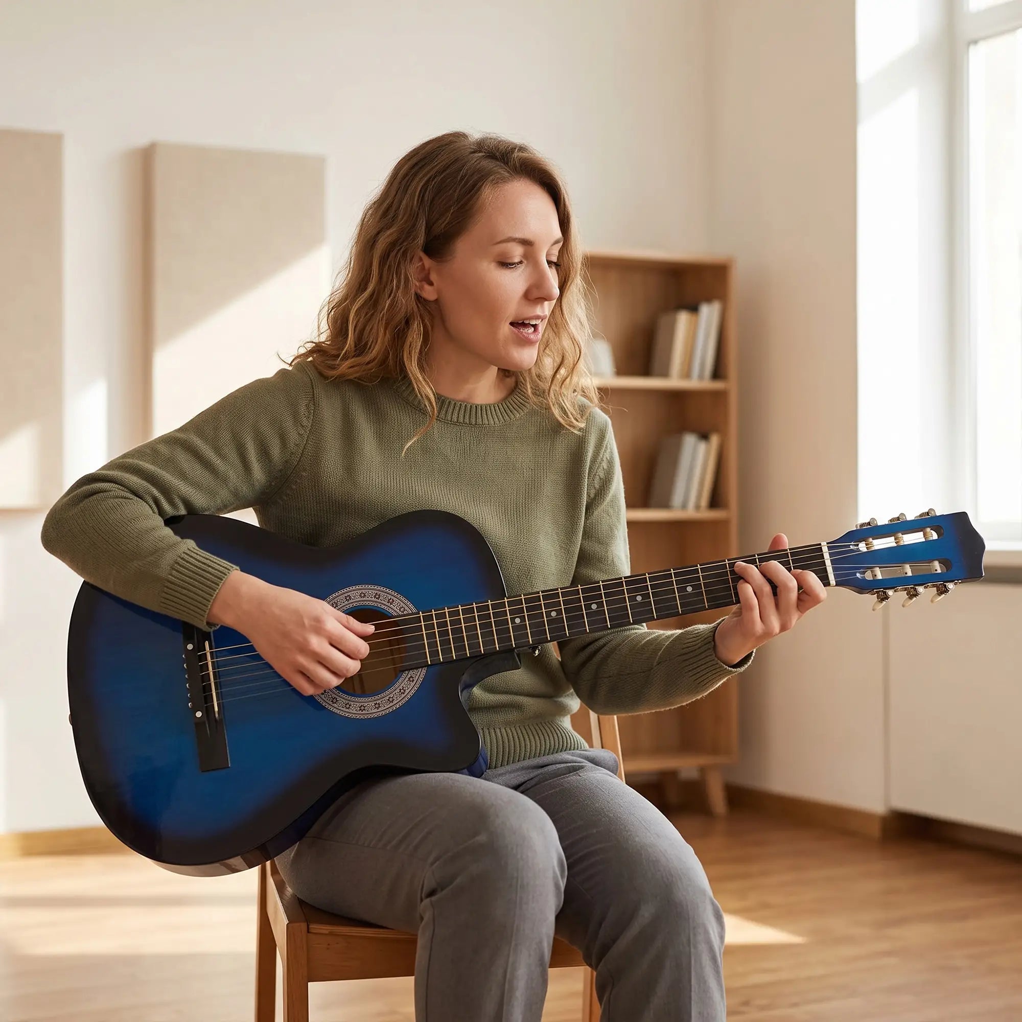 38 Inch Full Size Acoustic Electric Guitar, Gloss Finish, Blue Electronic Musical Pianos at Gallery Canada