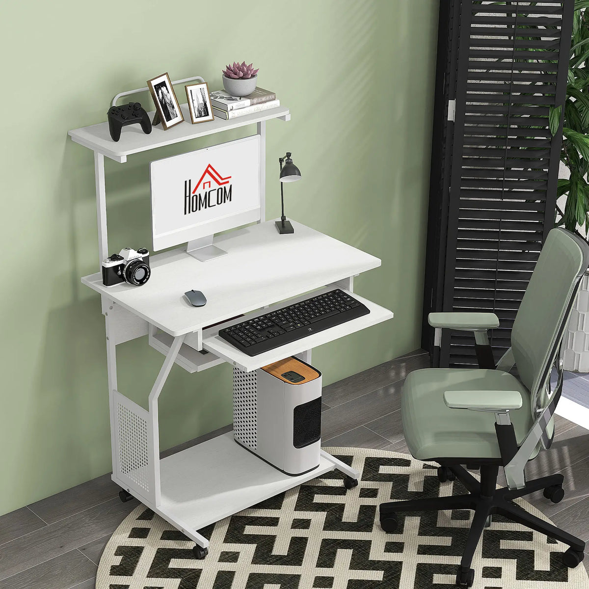 32" Mobile Computer Table, Rolling Study Desk with Keyboard Tray, White Computer Desks at Gallery Canada