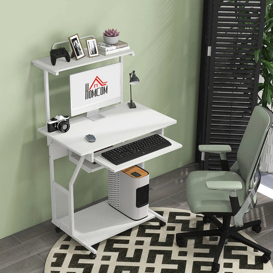 32" Mobile Computer Table, Rolling Study Desk with Keyboard Tray, White Computer Desks White at Gallery Canada