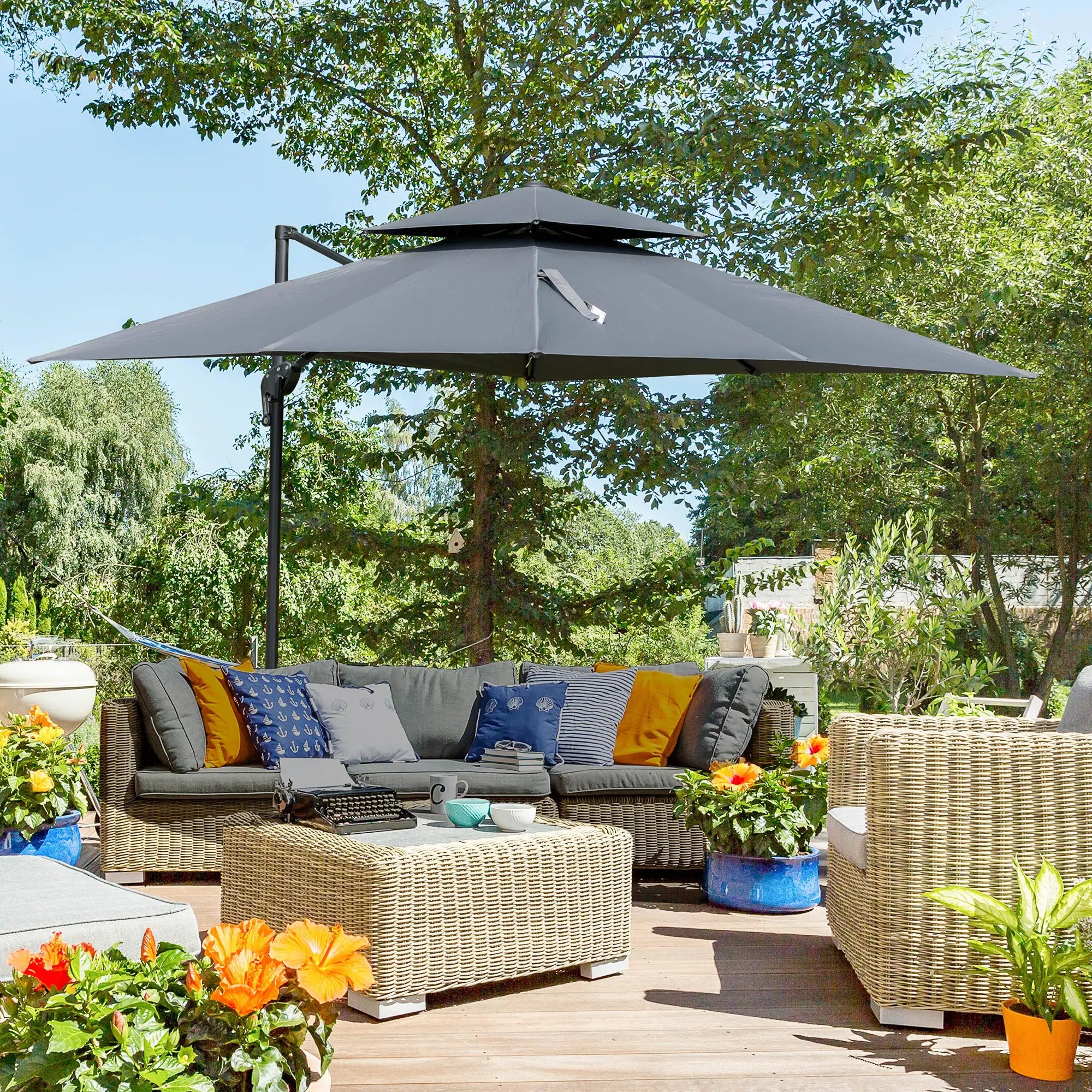 10' x 10' Cantilever Patio Umbrella, Double Top, 360° Rotation, 5 Tilt Angles, Charcoal Grey Cantilever Umbrellas at Gallery Canada