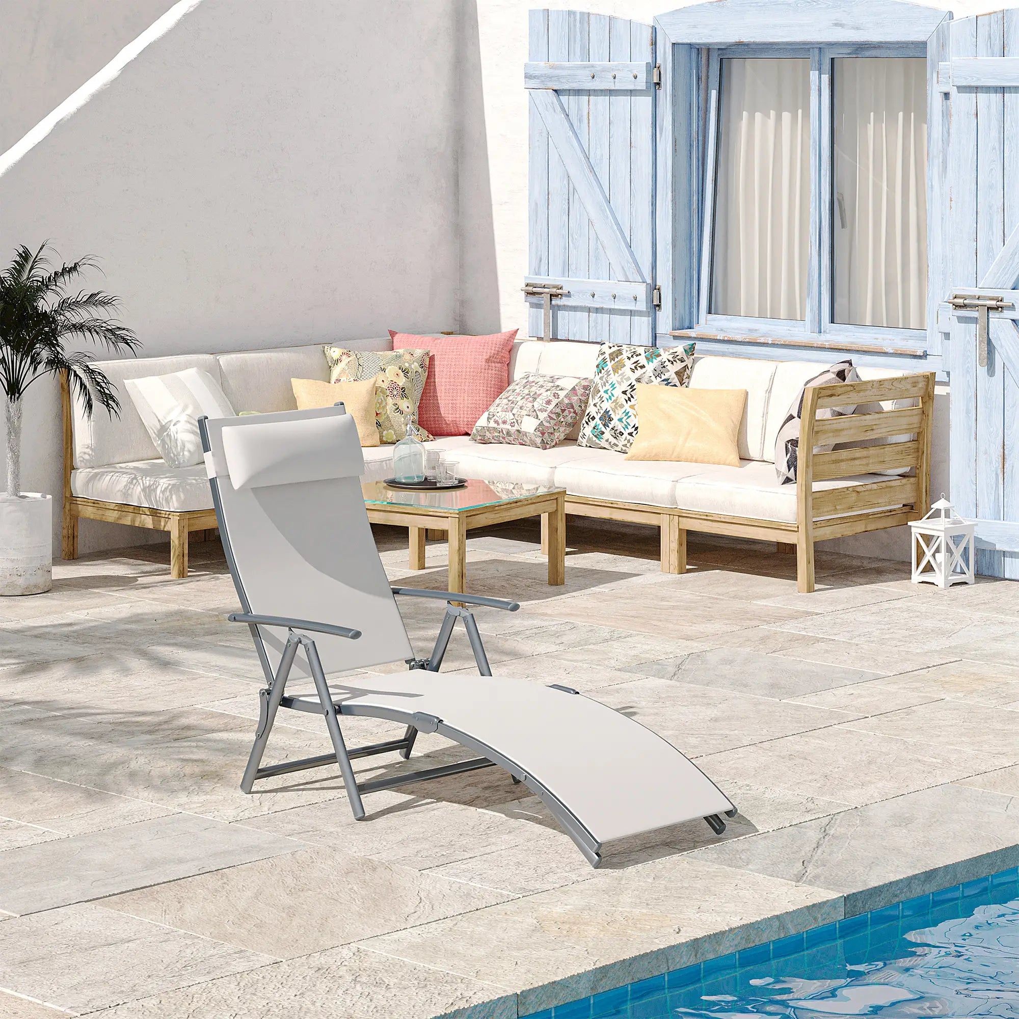 Heavy Duty Adjustable Folding Chair, Outdoor Sun Lounger, 7 Positions, Cream Lounger Chairs at Gallery Canada