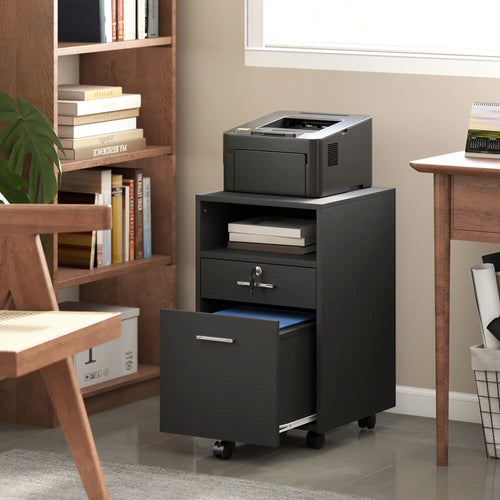 Small 2-Drawer Filing Cabinet, Lockable, on Wheels, A4 Letter Size, Black