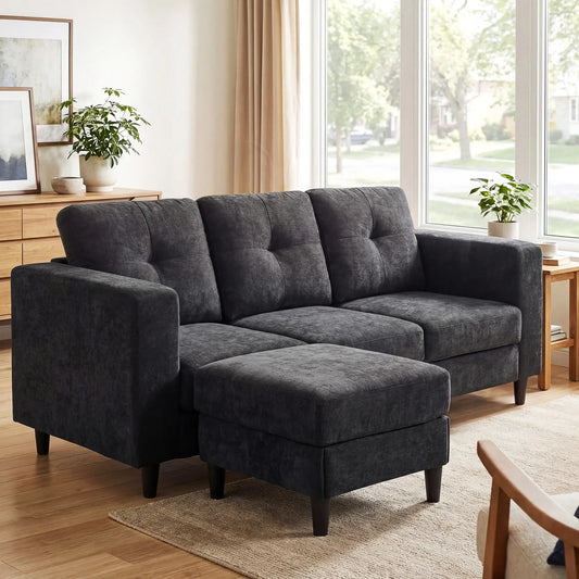 L-Shaped Sectional Sofa, Wooden Legs, Changeable Chaise, Black 3-Seater Sofas Black at Gallery Canada