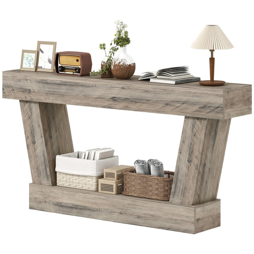63 Inch Vintage Console Table, Narrow Entryway Table with Shelf, Light Brown