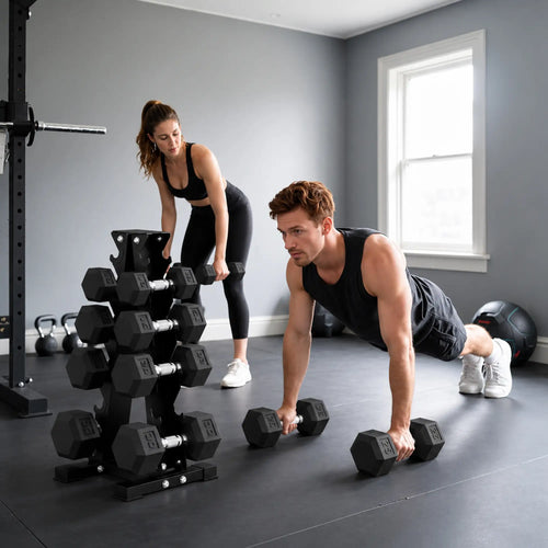 Hex Dumbbell Weight Set With Vertical Rack, 210lbs