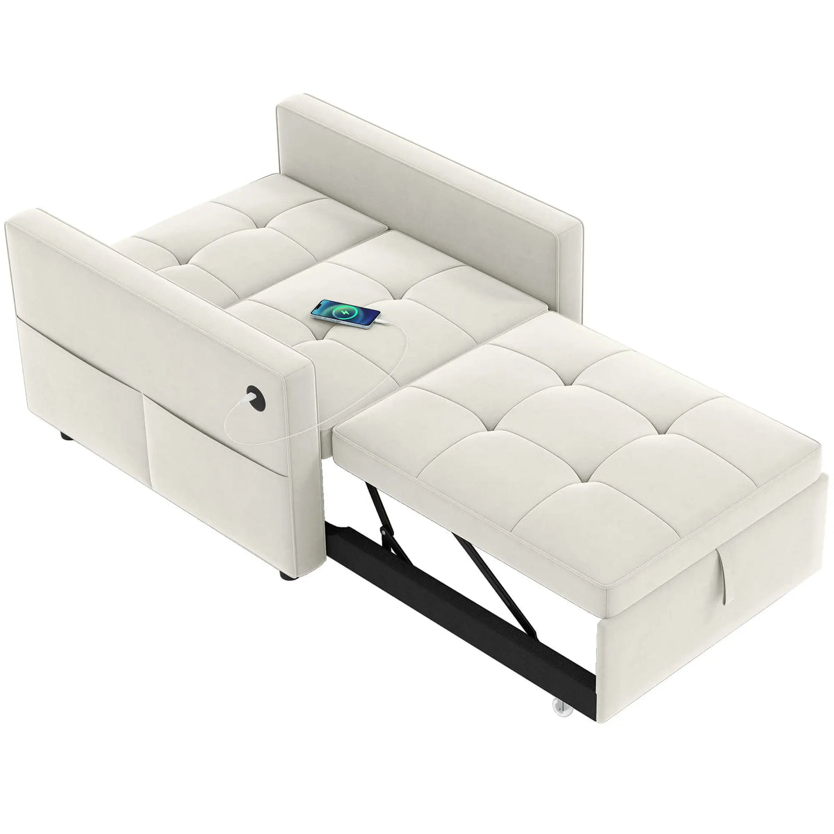 Convertible Chair Bed, Pull Out Sleeper with USB, Adjustable Backrest, Velvet Futon, Cream White Single Sofas Cream at Gallery Canada