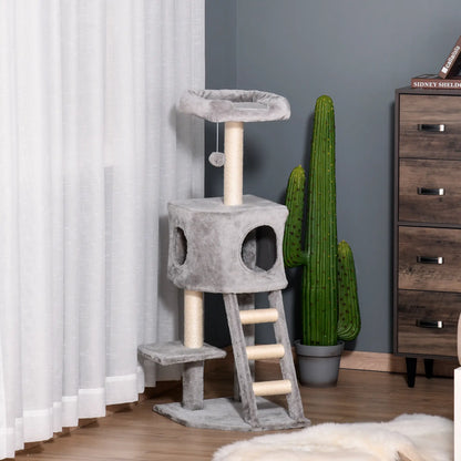 47" Tall Cat Tree Tower with Condo, Ladder, Scratching Posts, Light Grey Cat Towers at Gallery Canada