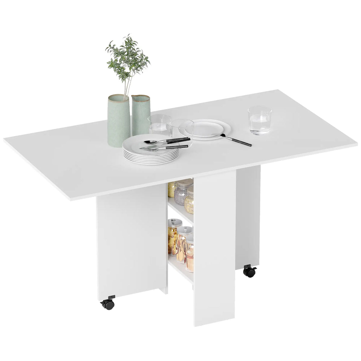 Extendable Dining Table, Collapsible w/ 2-Tier Shelves, Rolling Casters, White Bar Tables & Dining Tables White at Gallery Canada