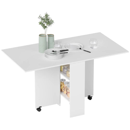 Extendable Dining Table, Collapsible w/ 2-Tier Shelves, Rolling Casters, White