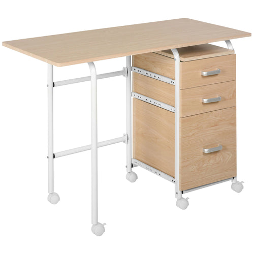 Foldable Computer Desk with Drawers, 6 Wheels, Natural