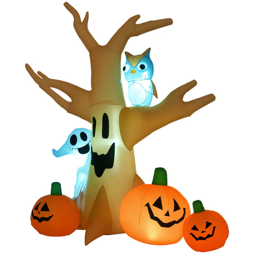 Inflatable Halloween Decoration, Haunted Tree with Owl, Ghost, Pumpkins, Outdoor LED Display, 6.5FT