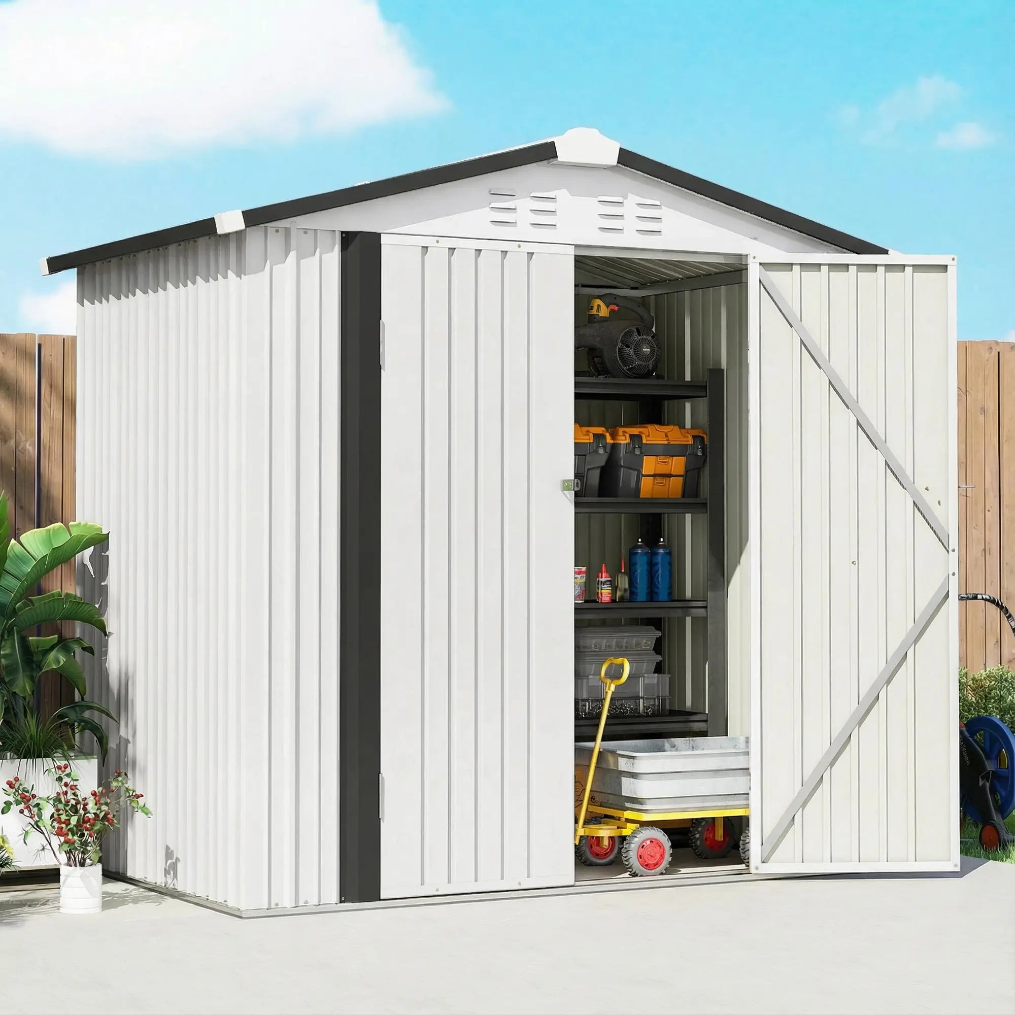 6.5' x 4' Outdoor Storage Shed, Metal Garden Shed, Silver-White Sheds at Gallery Canada