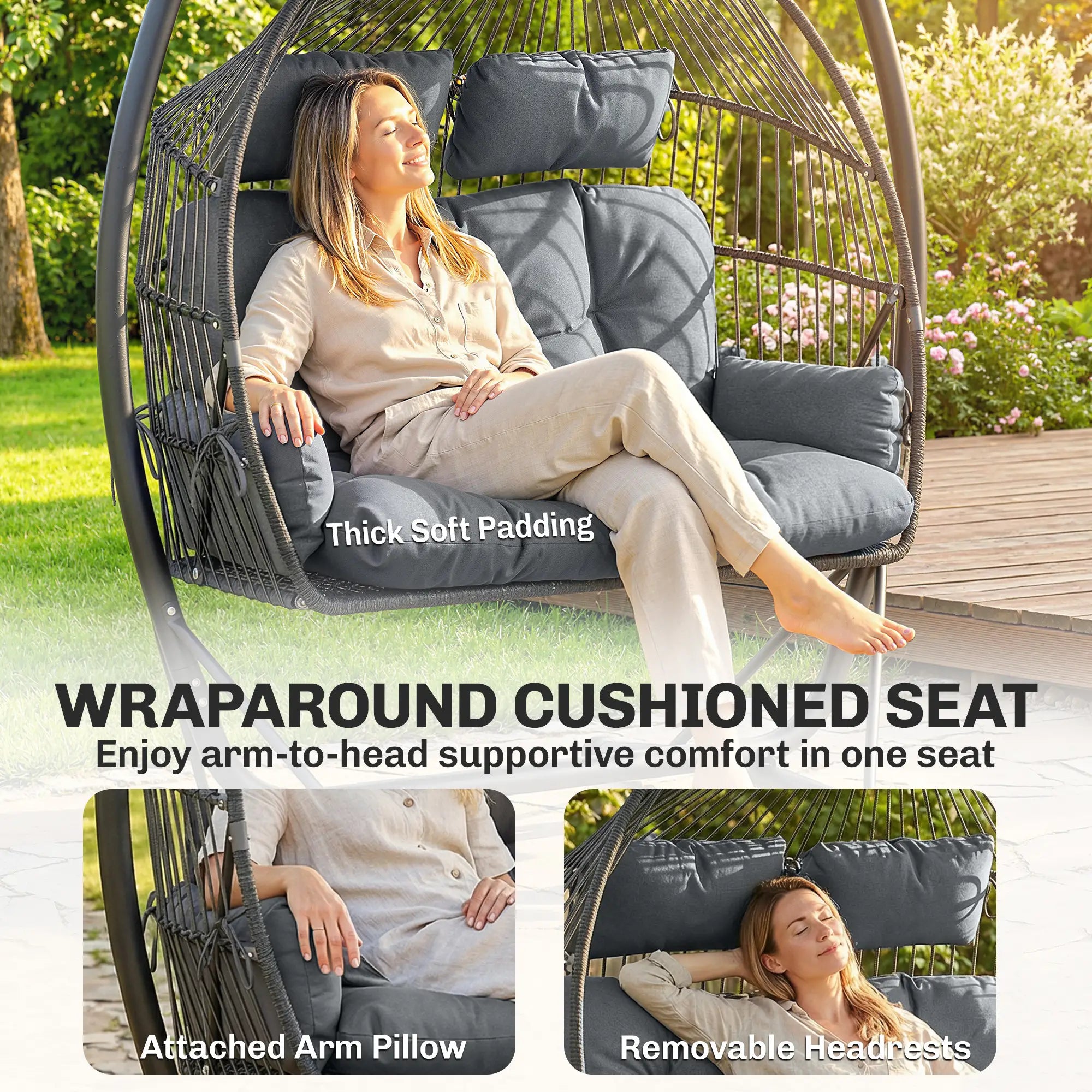 Hanging Double Egg Chair with Canopy, Cushion, Stand, Dark Grey Patio Swings with Stand at Gallery Canada