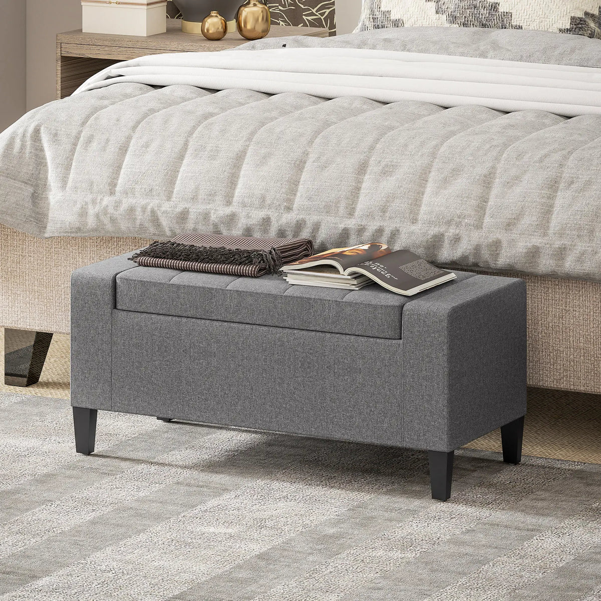 36" Linen-Look Storage Ottoman Bench, Solid Wood Frame, Grey Storage Ottomans & Benches at Gallery Canada