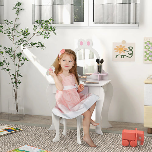 Kids Makeup Vanity Set with Stool, Mirror, Drawer, White