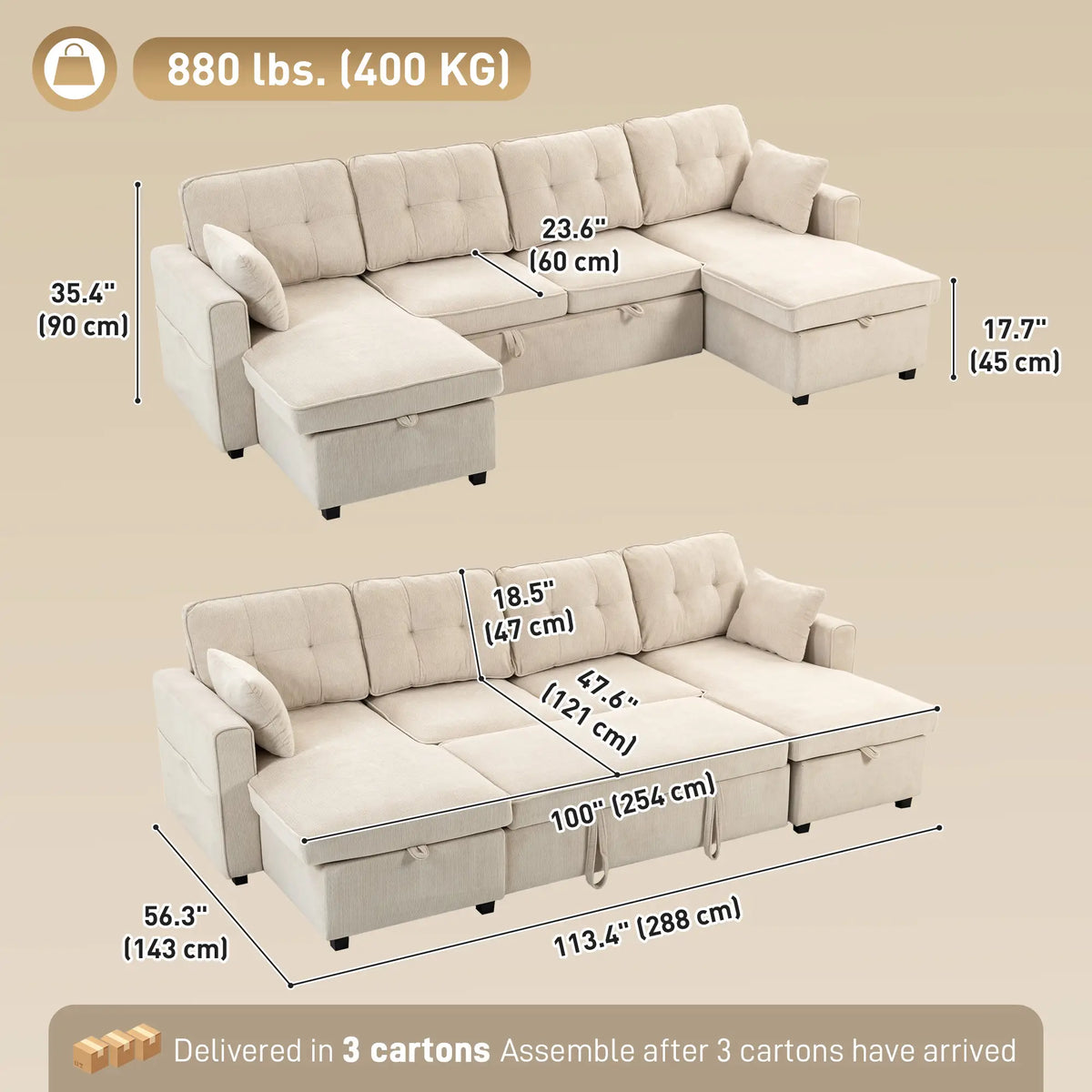 U Shaped Sectional Sofa Bed, 113" Pull Out Sleeper, Beige 3-Seater Sofas at Gallery Canada