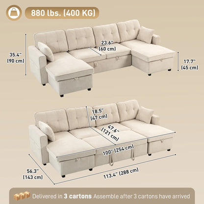 U Shaped Sectional Sofa Bed, 113" Pull Out Sleeper, Beige 3-Seater Sofas at Gallery Canada