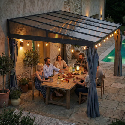 10' x 13' Hardtop Pergola, PC Roof Gazebo, Sun Shelter with Curtains Pergolas at Gallery Canada