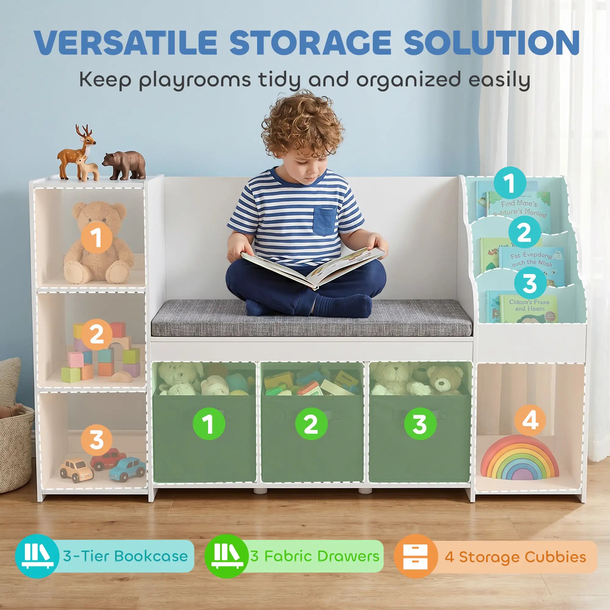 Kids Storage Shelf With Reading Nook, Toy Organizer, 3 Fabric Drawers, undefined Baby & Kids Storage at Gallery Canada