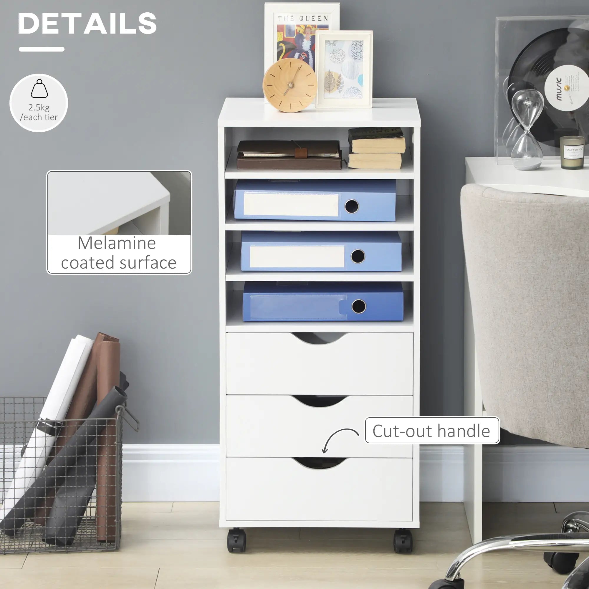 Vertical Filing Cabinet, Mobile 3 Drawers, 4 Shelves, White Office Cabinets & Cupboards at Gallery Canada