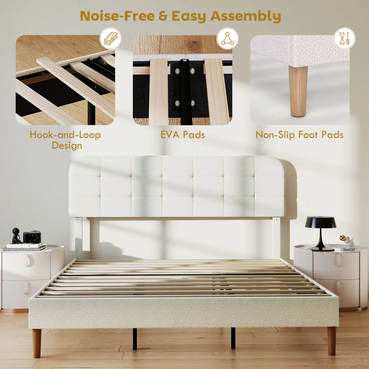 King Size Bed Frame, Adjustable Headboard, Upholstered Platform, White Bed Frames at Gallery Canada