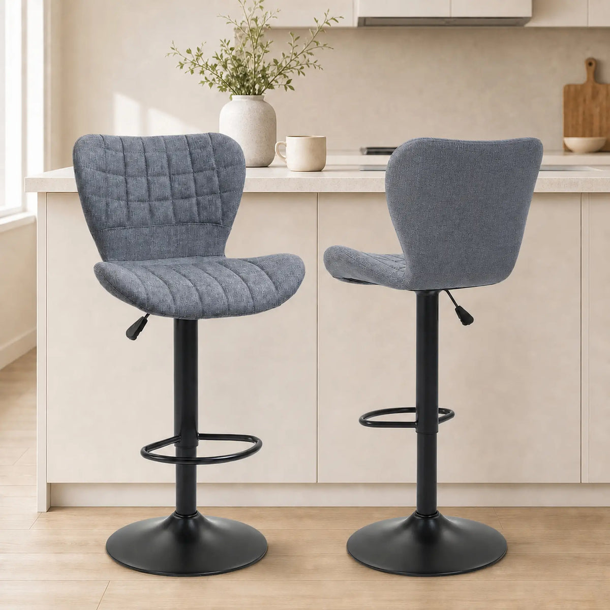 Adjustable Swivel Bar Stools Set of 2, Linen Fabric, Grey Bar Stools at Gallery Canada