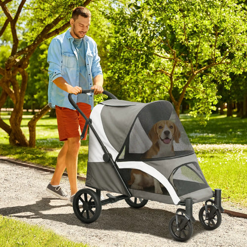 Foldable Pet Stroller For Large Dogs, Four Big Wheels, Dark Grey