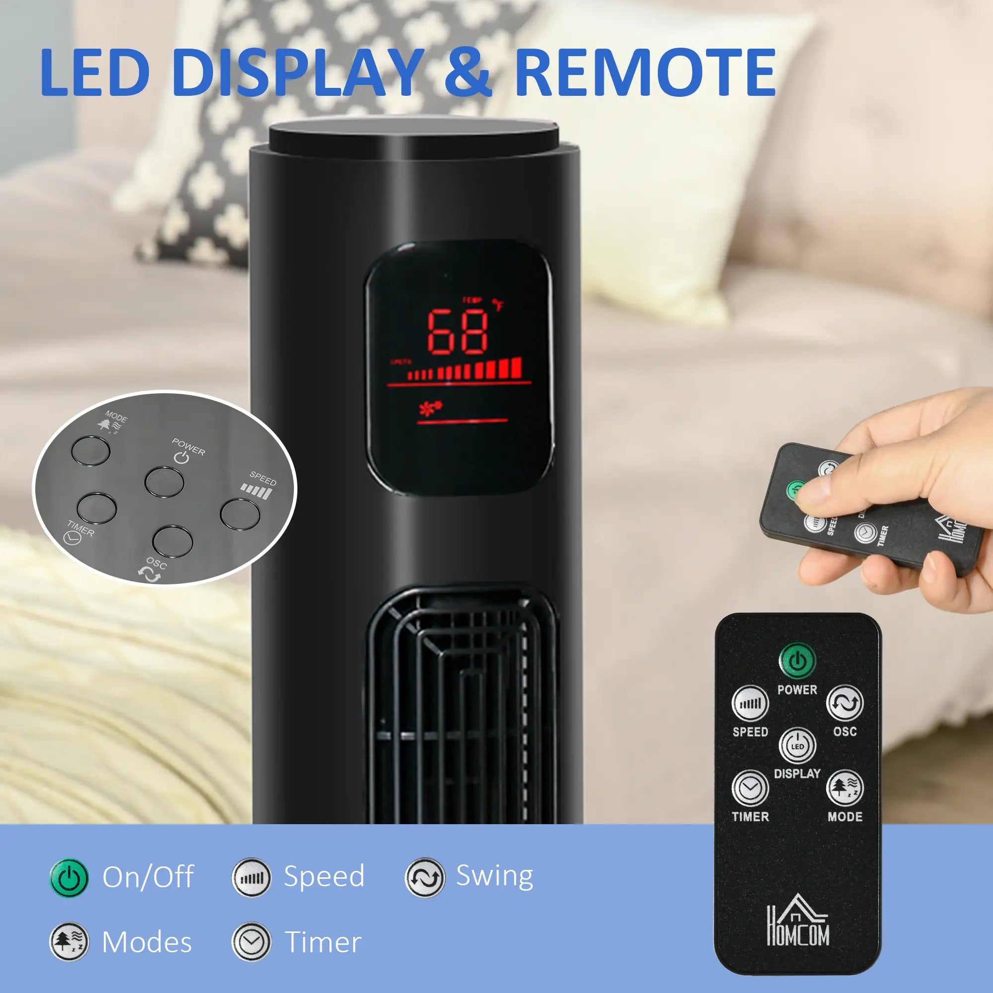 Freestanding Tower Fan, Oscillating, 3 Speed, 12h Timer, LED Panel, Remote, Black Tower Fans at Gallery Canada