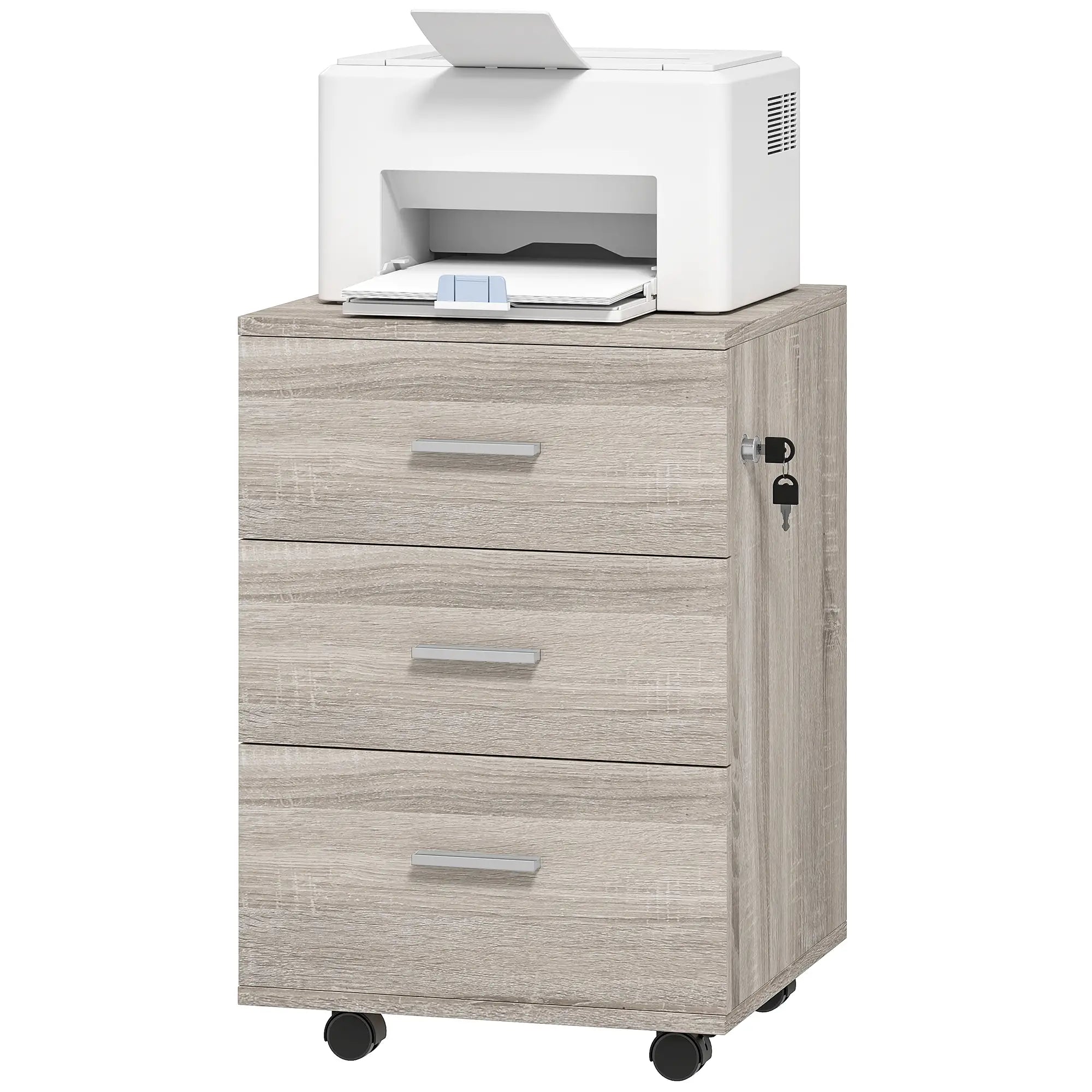 Mobile 3 Drawer File Cabinet with Wheels, Lock, Wood Grain, Grey Office Cabinets & Cupboards Grey Wood Grain at Gallery Canada