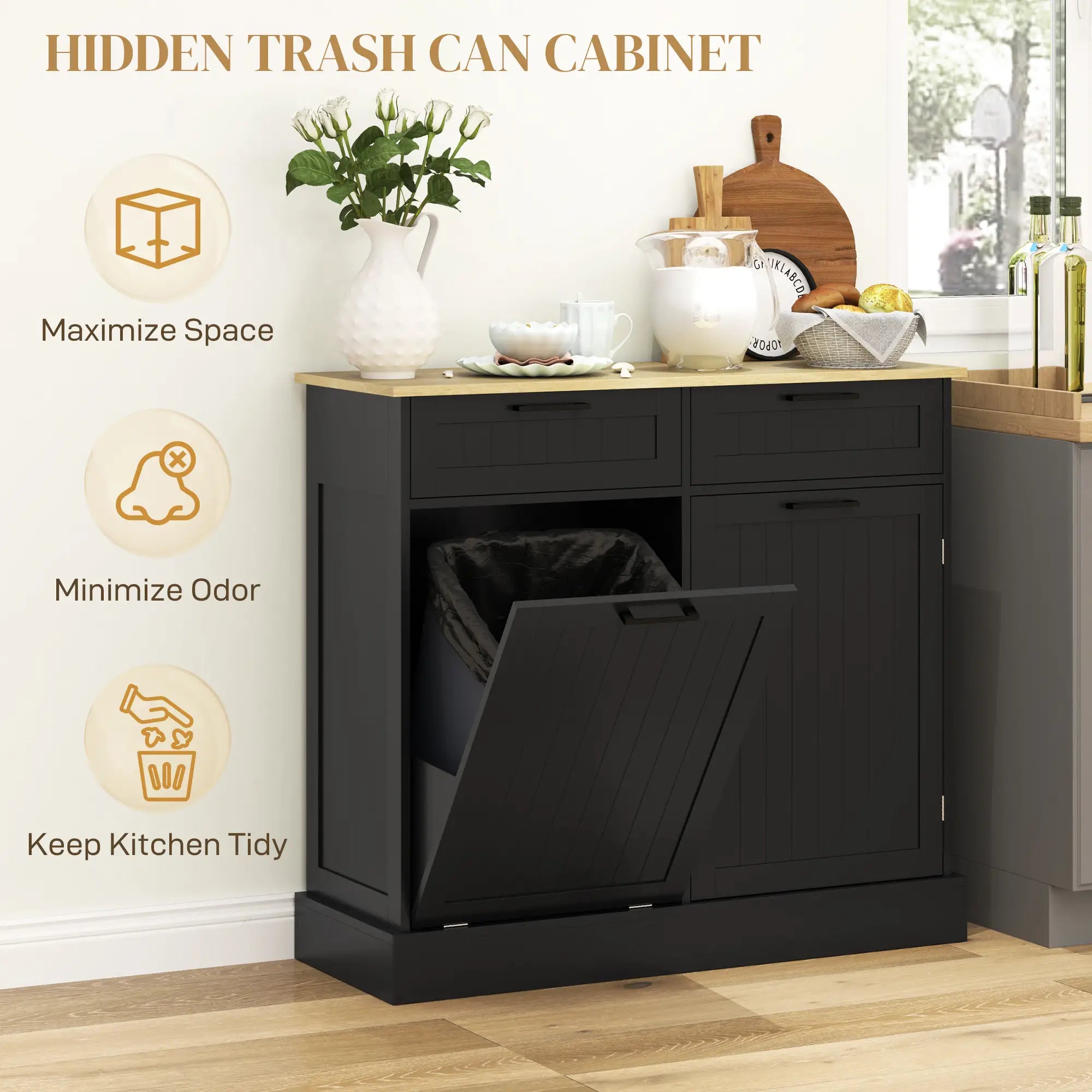 Hidden Garbage Bin Cabinet, Tilt Out Trash, 2 Drawers, Freestanding, Black Bar Cabinets at Gallery Canada