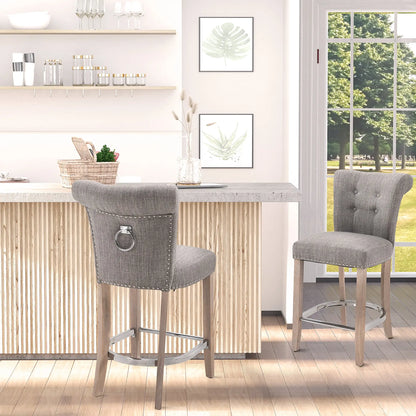 Upholstered Counter Height Bar Stools, Set of 2, Wood Legs, Grey