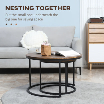 29" Round Nesting Tables, Set of 2, Metal Base, Rustic Brown Coffee Tables at Gallery Canada