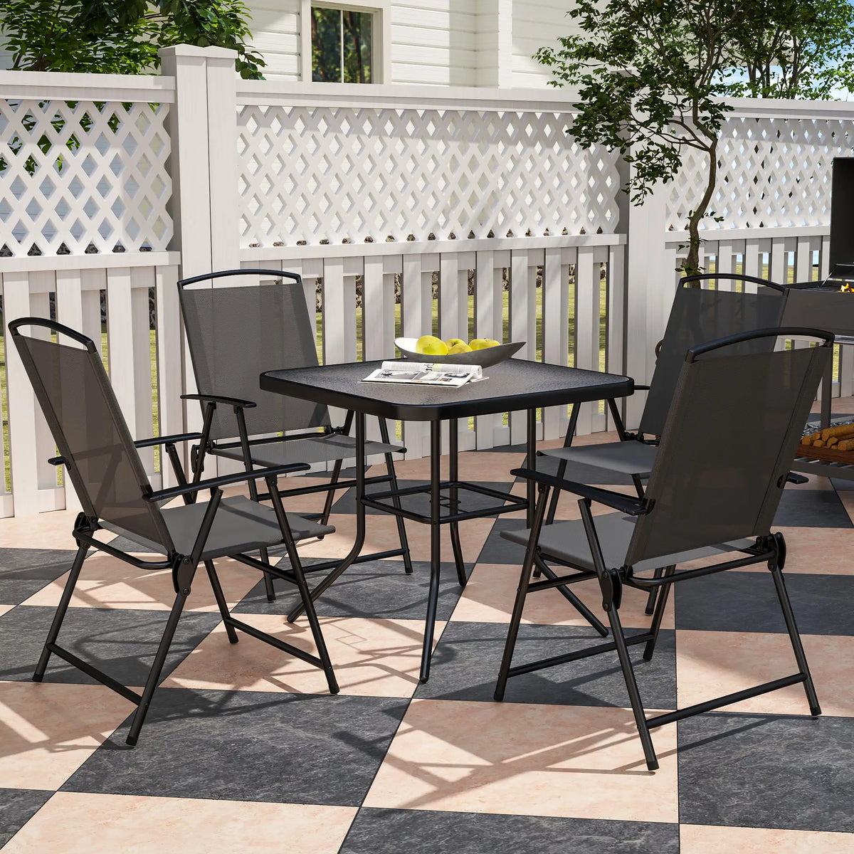 5-Piece Outdoor Dining Set, Glass Top Table, 4 Mesh Chairs, Grey Outdoor Dining Sets at Gallery Canada