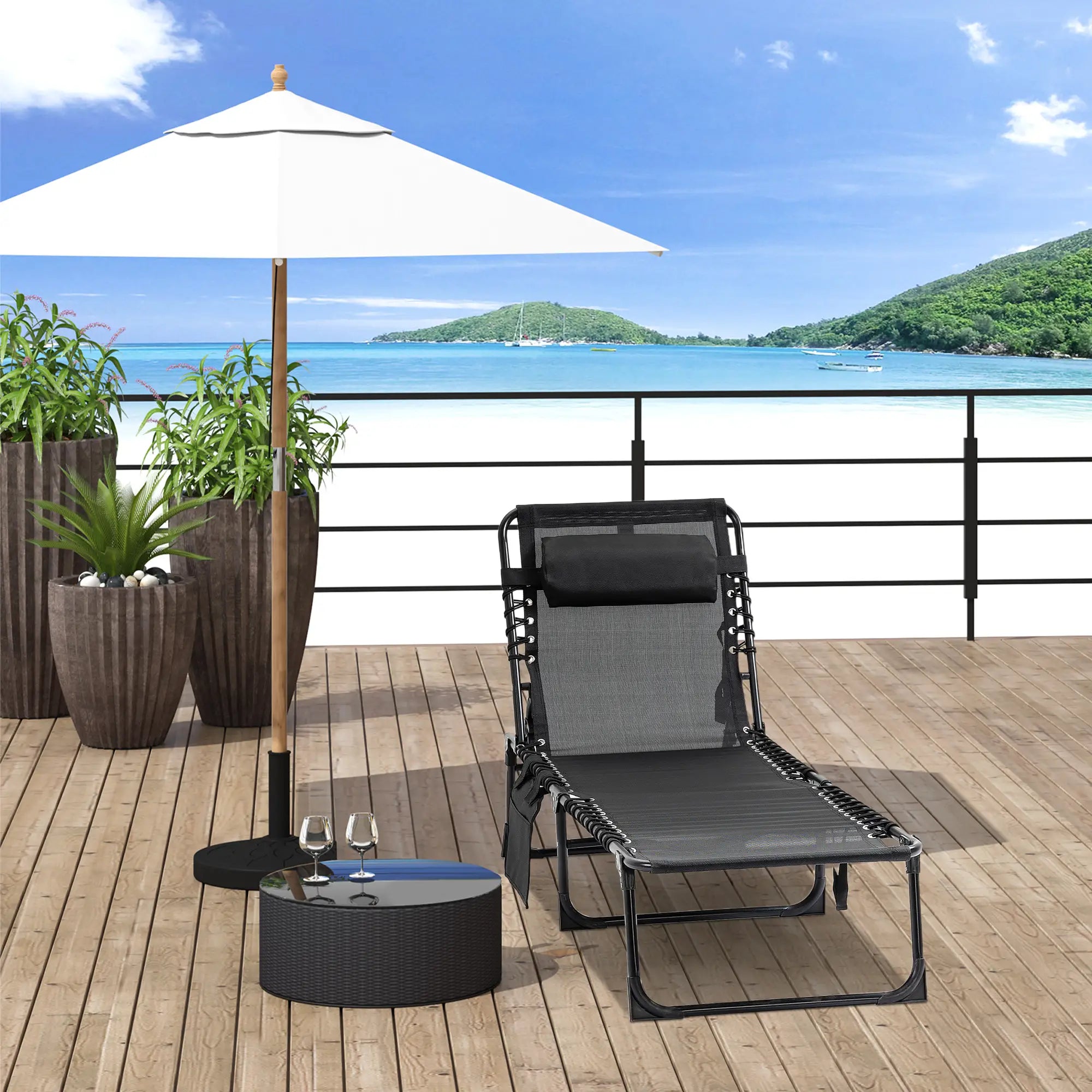 Outdoor Folding Chaise Lounge, Adjustable Backrest, Removable Pillow, Black Lounger Chairs at Gallery Canada