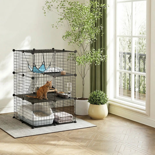 3 Tier Cat Cage Crate, DIY Pet Playpen, Black Outdoor Cat Enclosures Black, Blue at Gallery Canada