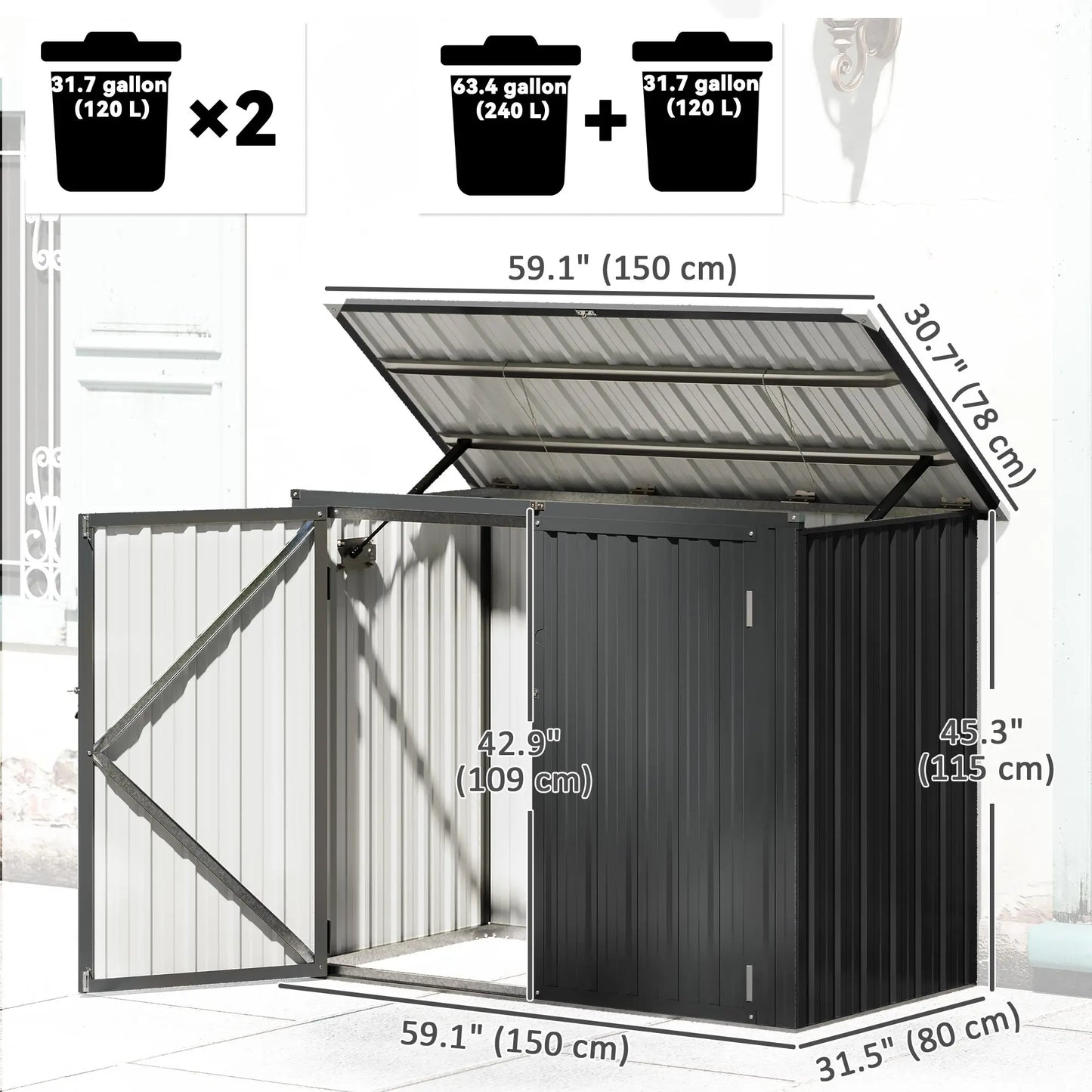 Lockable Galvanized Steel Garbage Bin Shed, Outdoor Storage, Lift-Up Lid Sheds at Gallery Canada