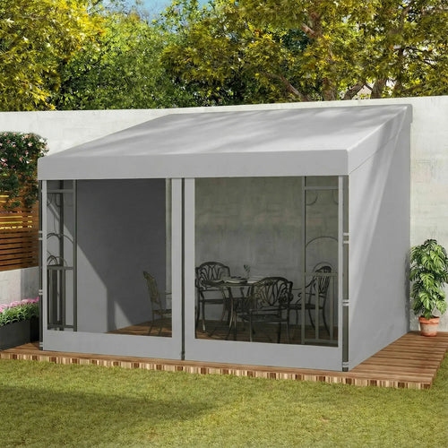 10' x 10' Light Grey Wall Pergola, Outdoor Gazebo with Curtains, Netting, Light Grey