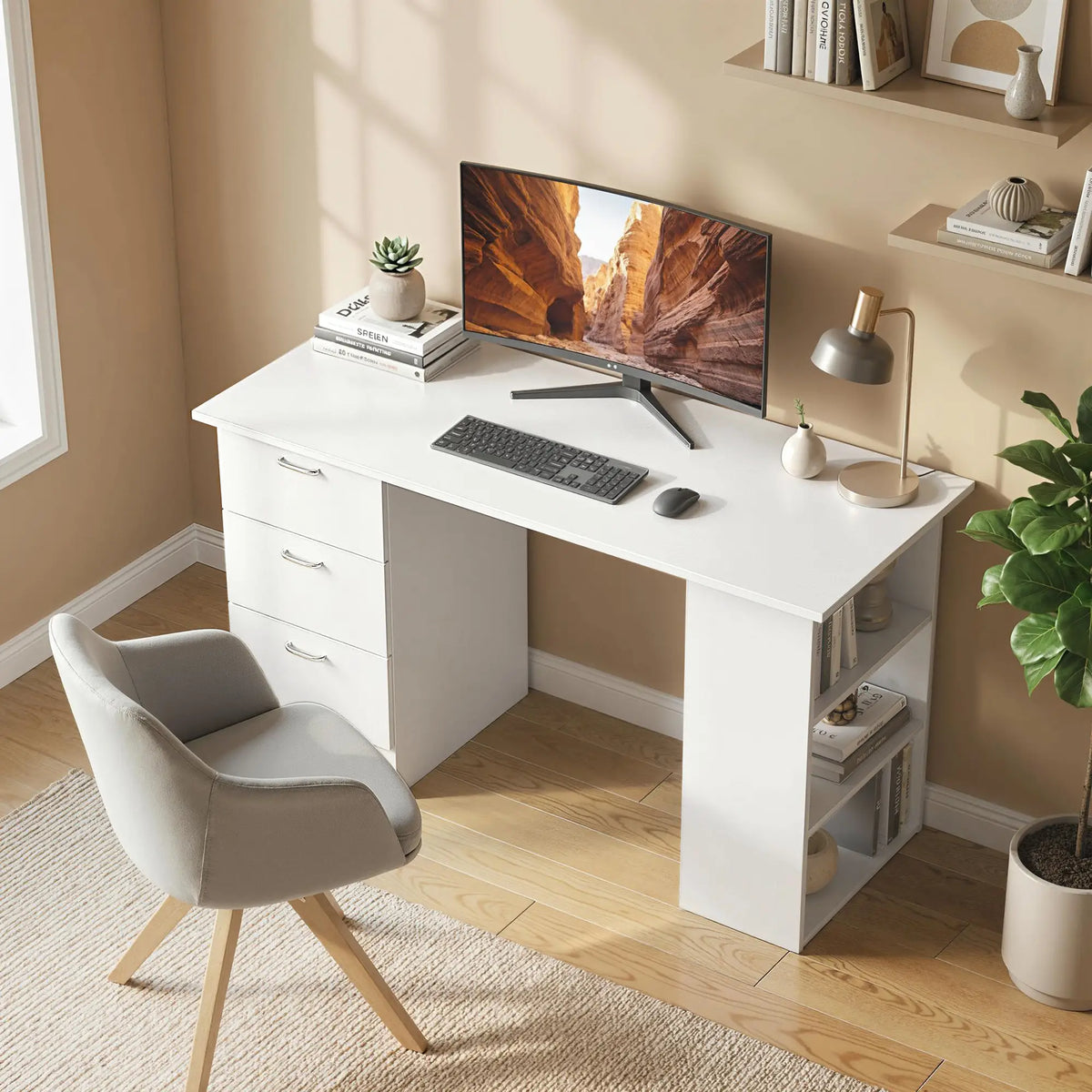 47" Writing Desk With 3-Tier Shelves, 3 Drawers, White Writing Desks at Gallery Canada