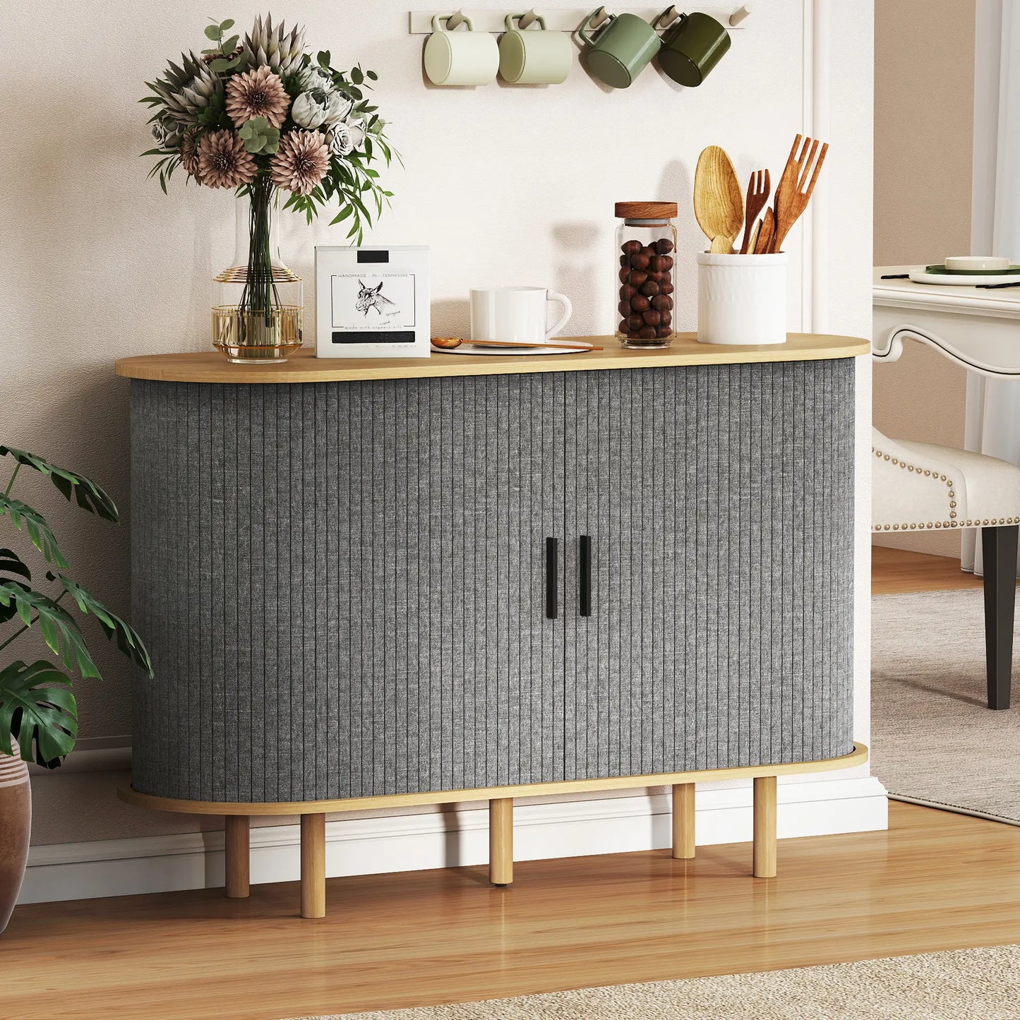 47" Buffet Cabinet, Tambour Sliding Doors, Fluted Sideboard, Grey Bar Cabinets at Gallery Canada