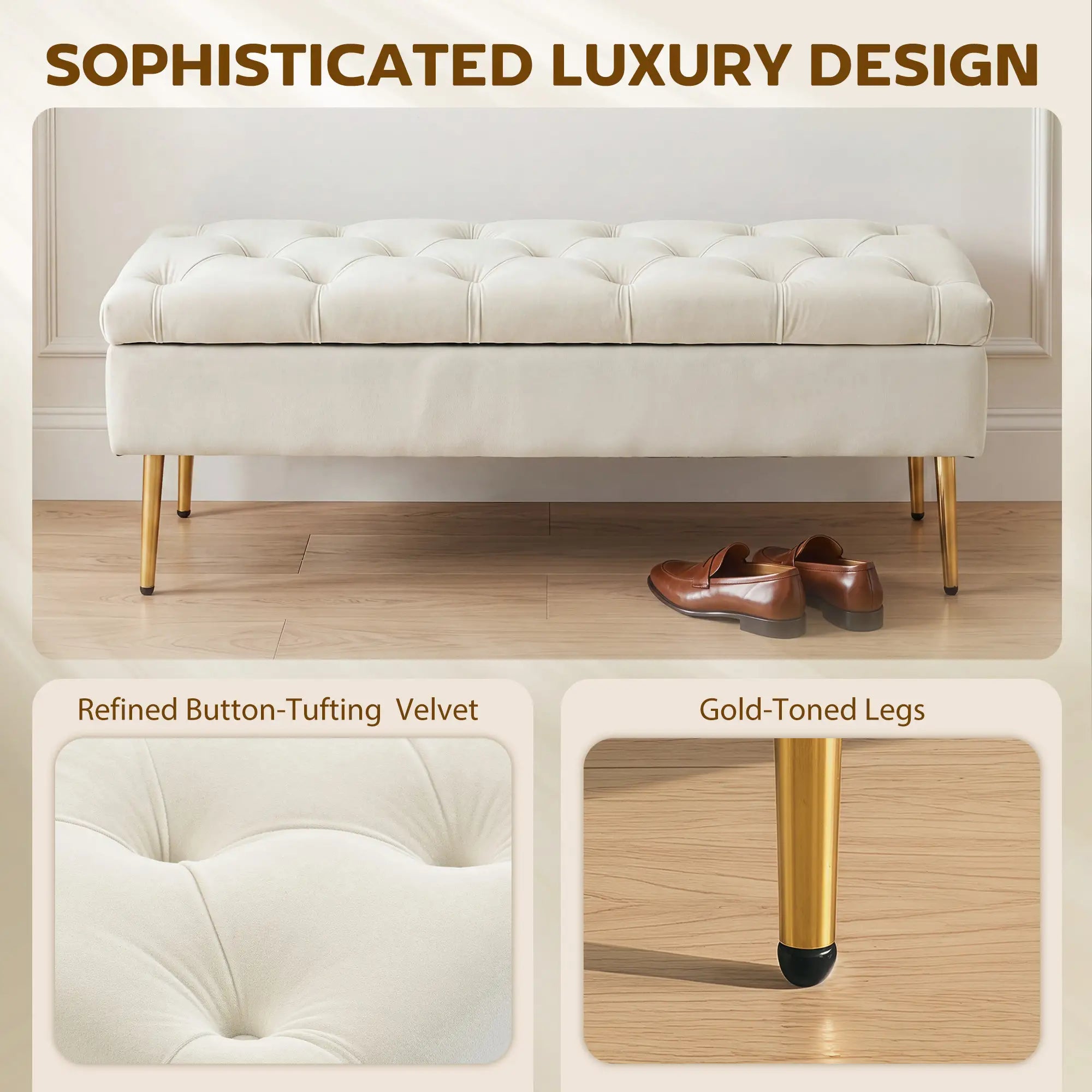 Upholstered Bedroom Bench with Gold Tone Metal Legs, Velvet Tufted and Thick Padding, Beige Storage Ottomans & Benches at Gallery Canada