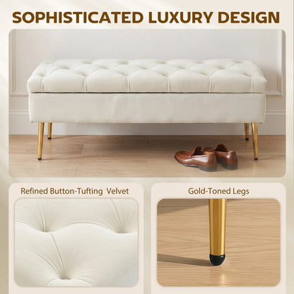 Upholstered Bedroom Bench with Gold Tone Metal Legs, Velvet Tufted and Thick Padding, Beige Storage Ottomans & Benches at Gallery Canada